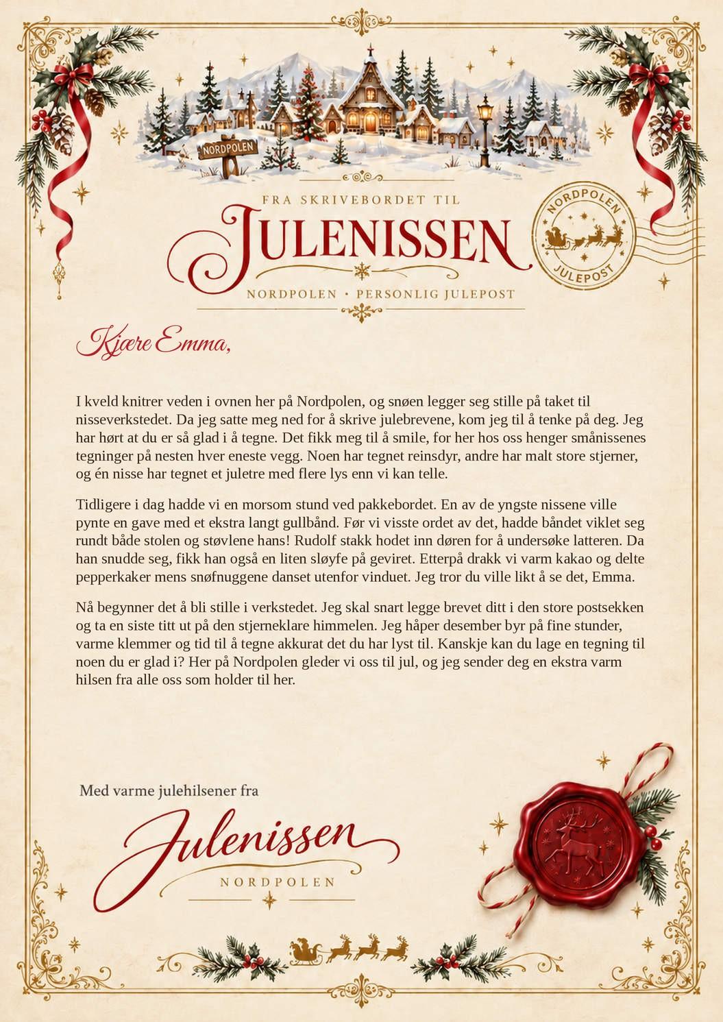 Utfylt eksempelbrev fra Julenissen som PDF